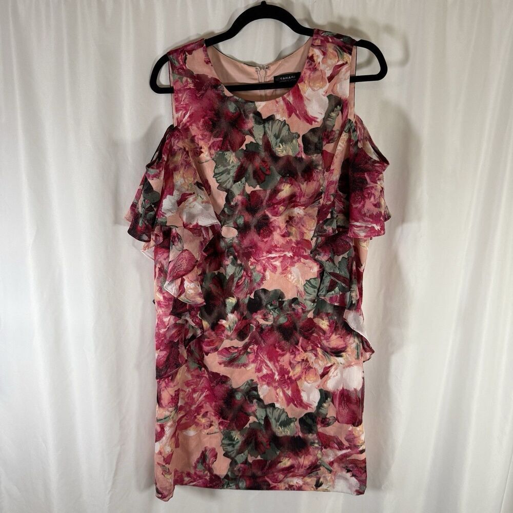 Tahari Arthur S Levine Dress Women's 12 Pink Floral Knee Length Zip Back Light